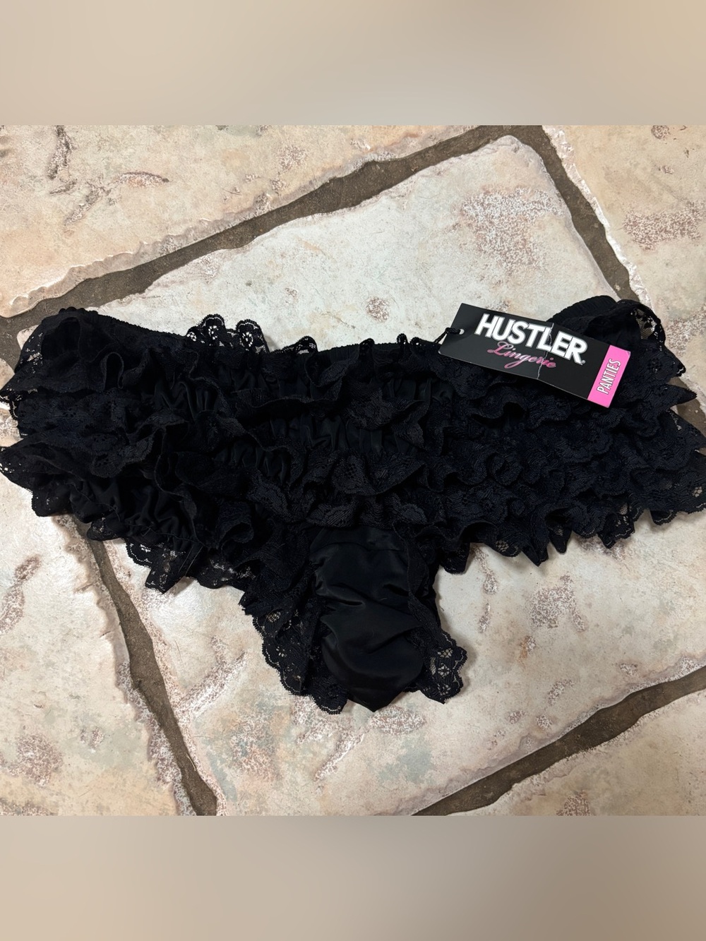 Hustler Black Ruffled Lace Panty booty shorts nwt one size Y2K vintage